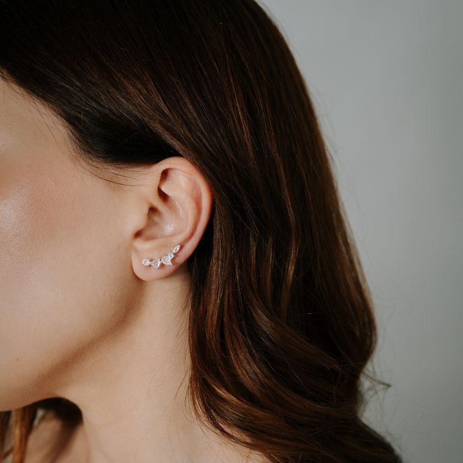 Close-up of a woman wearing Valery Silver Earrings with Moonstone