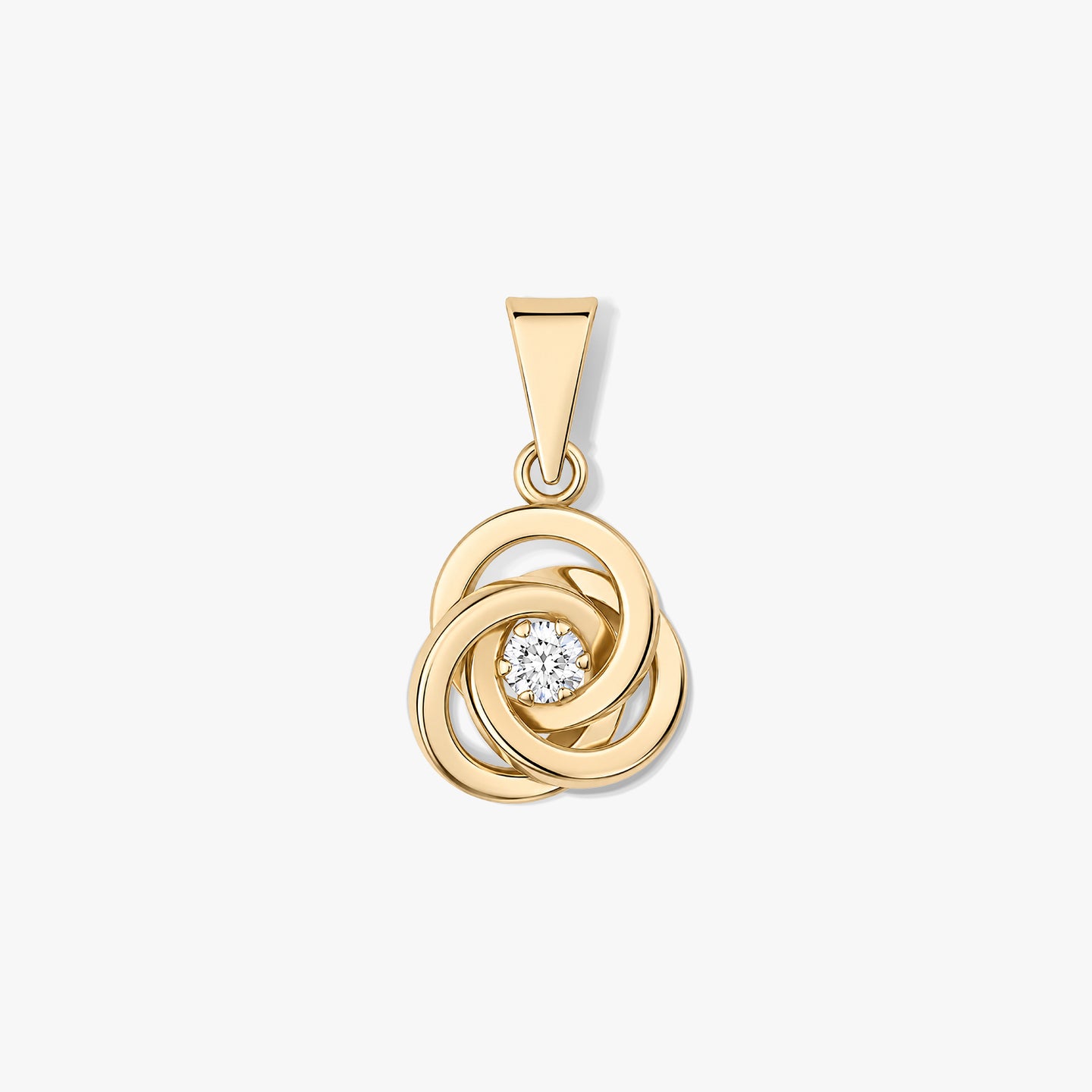 Eternal Knot gold pendant with interlocking yellow‑gold loops and a central round clear stone on a white background.