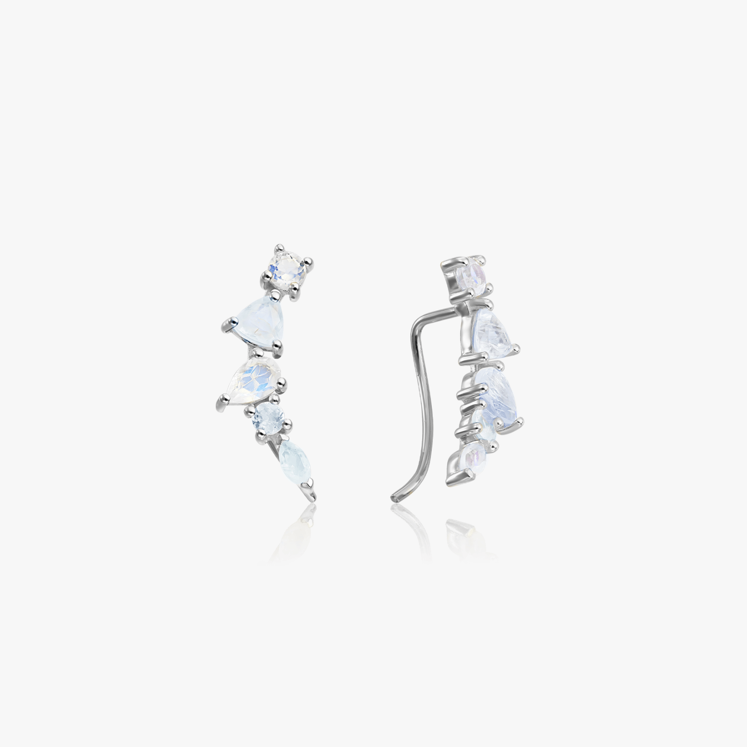 Valery Silver Earrings with moonstones shown on a white background.