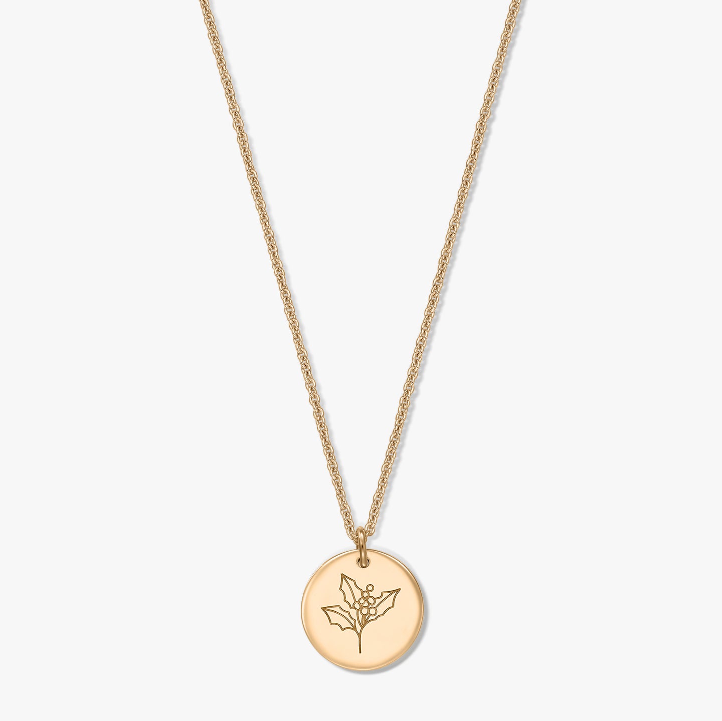 Gold‑plated sterling silver necklace with a round disc pendant engraved with a holly (December birth flower) motif on a white background.