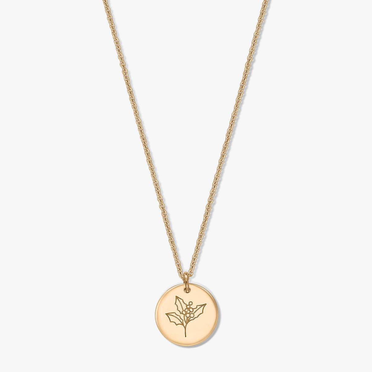 Gold‑plated sterling silver necklace with a round disc pendant engraved with a holly (December birth flower) motif on a white background.