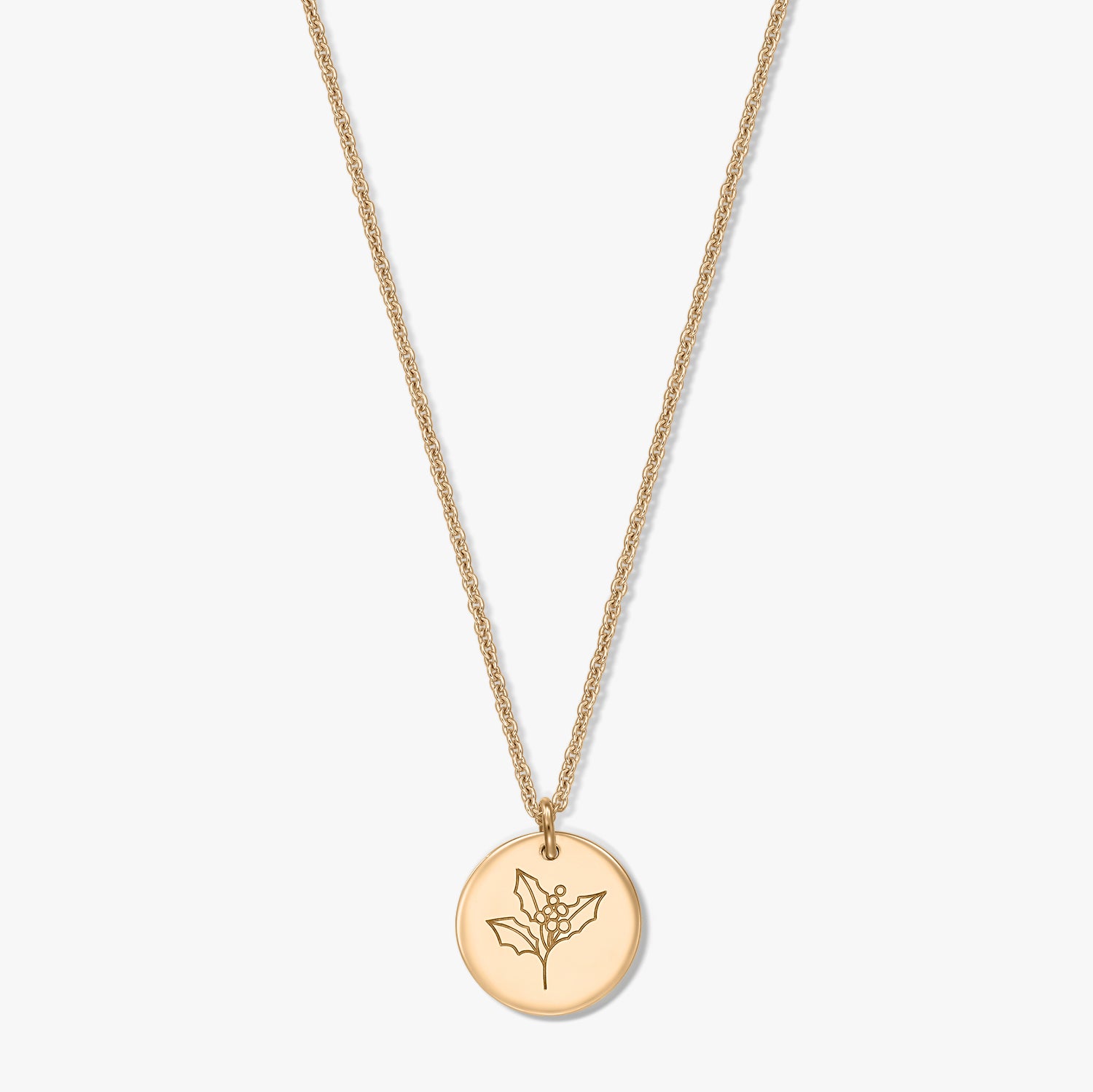 Gold‑plated sterling silver necklace with a round disc pendant engraved with a holly (December birth flower) motif on a white background.