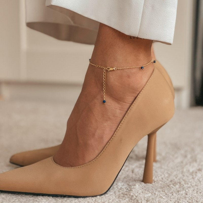 Náramek na nohu ze stříbra Golden Gem Droplet - Lapis Lazuli - Indira