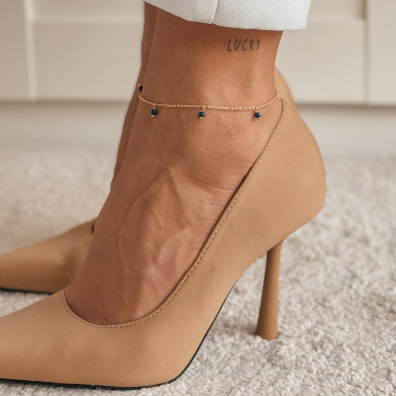 Náramek na nohu ze stříbra Golden Gem Droplet - Lapis Lazuli - Indira