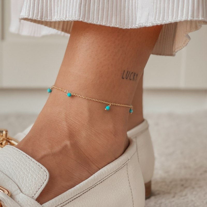 Stříbrný náramek na nohu Golden Gem Droplet - Tyrkys - Indira