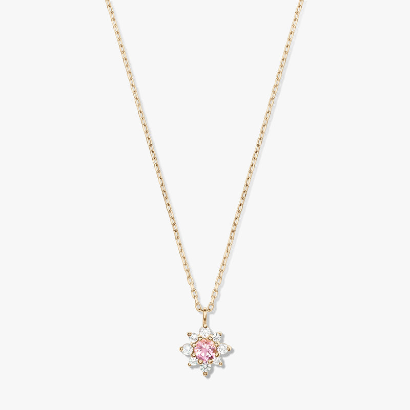 14K yellow gold necklace with a delicate chain and a floral pendant featuring a pink morganite center surrounded by white sapphires on a white background.