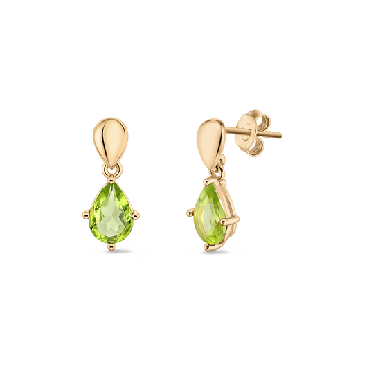 Pár náušnic ze stříbra pozlacených zlatem se zelenými kapkovitými peridoty na průhledném pozadí.
