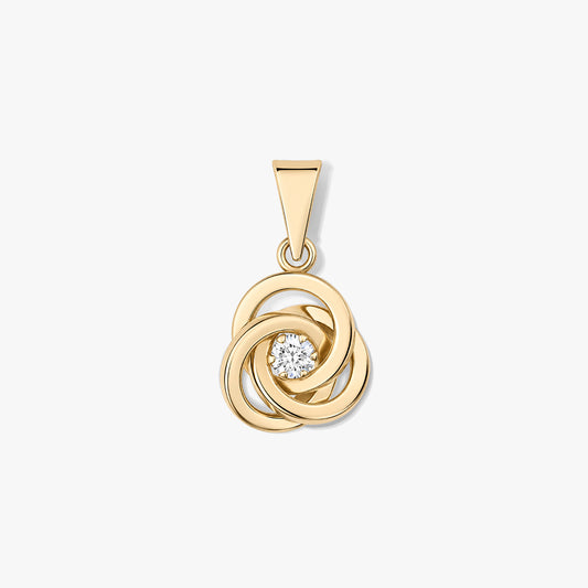 Zlatý přívěsek Eternal Knot s propletenými smyčkami ze žlutého zlata a centrálním kulatým čirým kamenem na bílém pozadí.