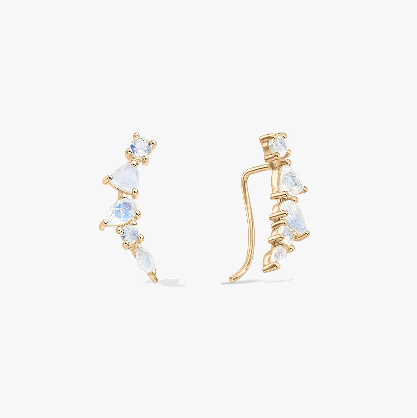 Pair of gold‑tone 925 silver moonstone ear climber cuff earrings on a white background, shown in front and side views with mixed‑cut stones.