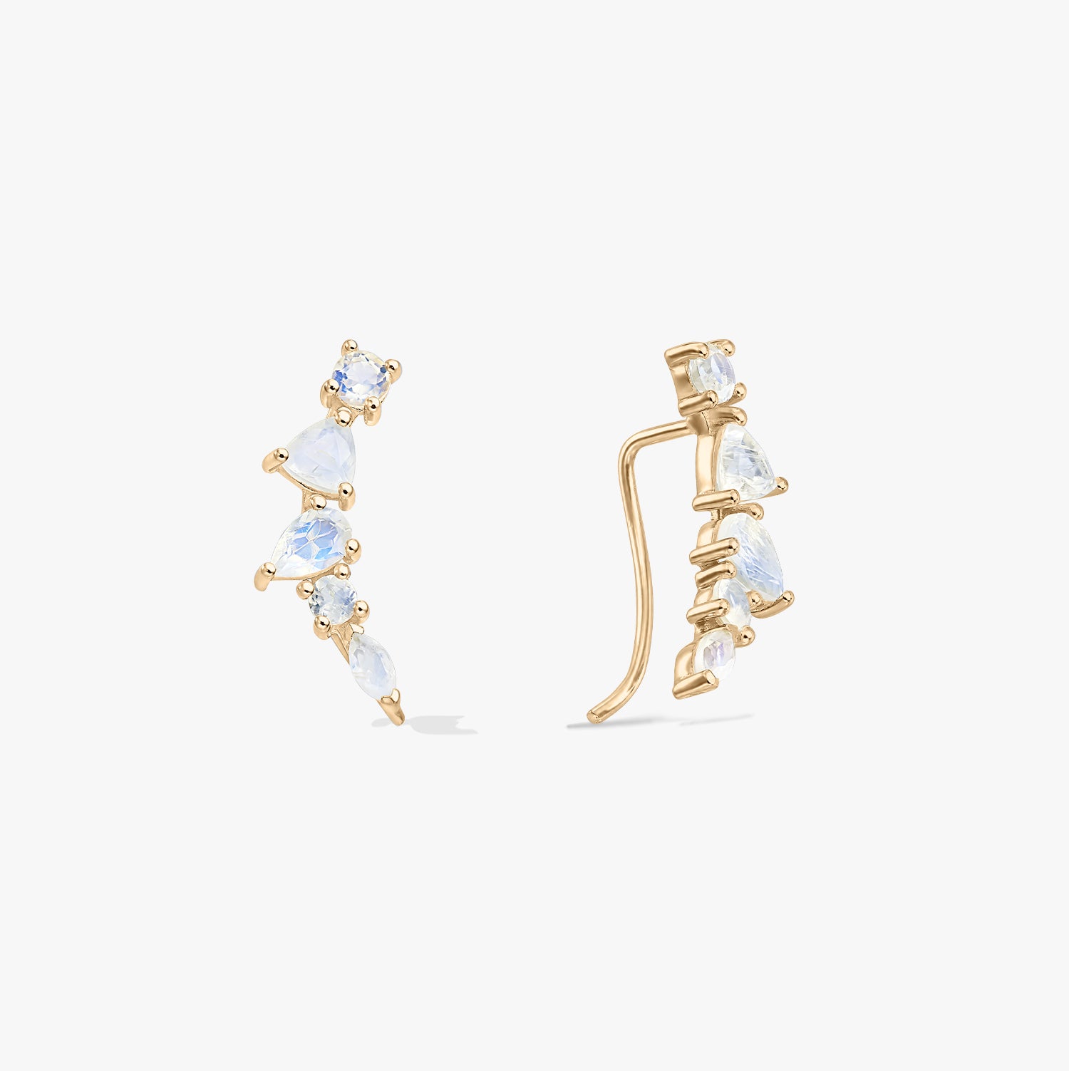 Pair of gold‑tone 925 silver moonstone ear climber cuff earrings on a white background, shown in front and side views with mixed‑cut stones.