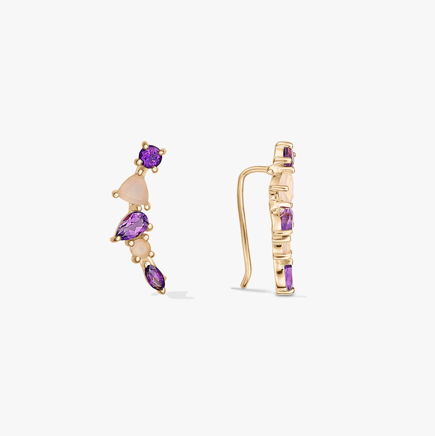 Pair of gold‑plated sterling silver ear climber earrings with purple amethyst and pale pink chalcedony stones, shown in front and side views on a white background.