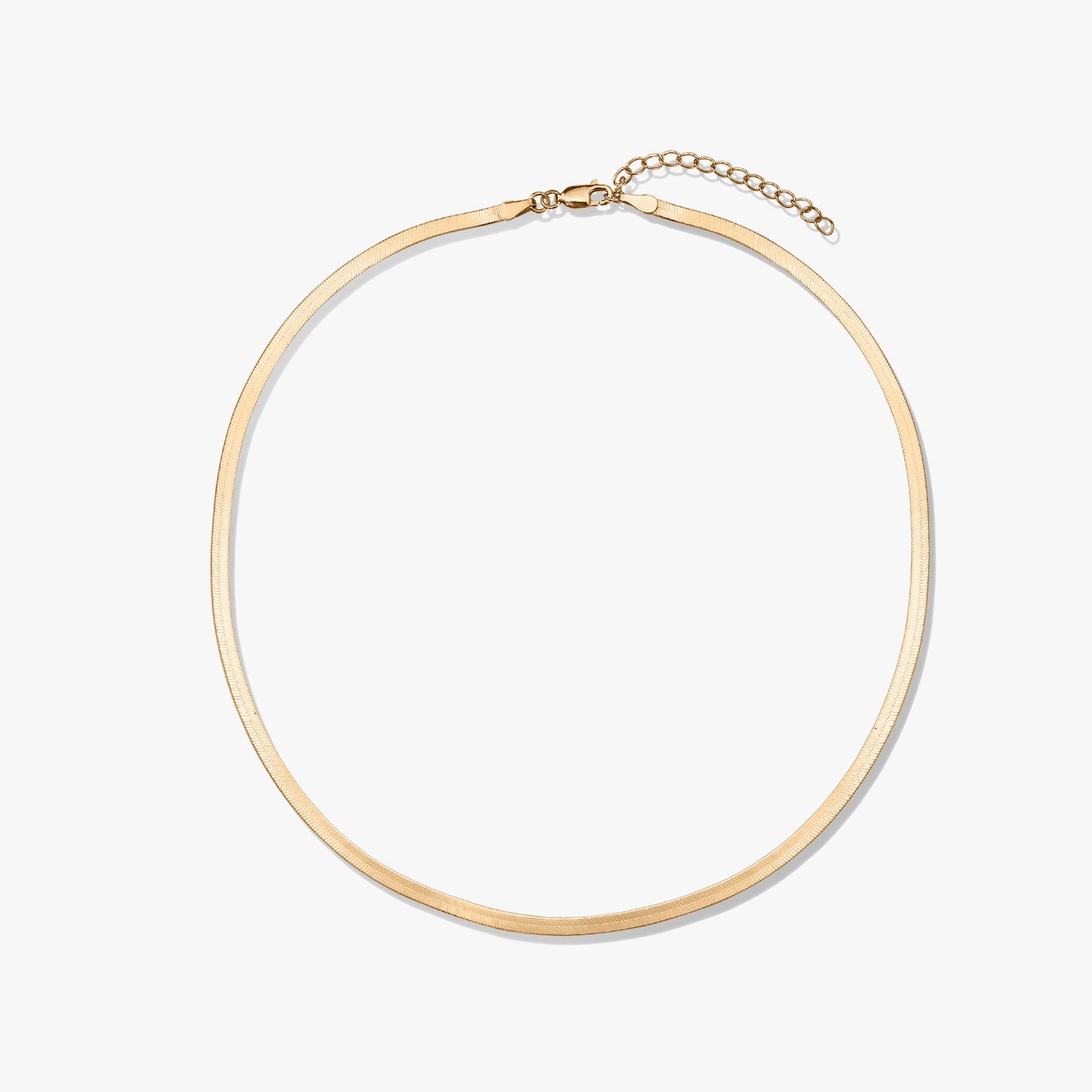 Golden herringbone necklace against a white background.