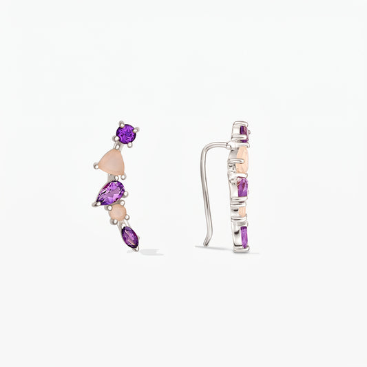Pair of sterling silver ear climber earrings with purple amethyst and blush chalcedony stones, shown in front and side views on a white background.