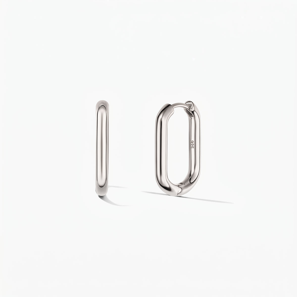 Pair of silver square hoop earrings on a white background, one shown from the side and one slightly open to reveal the hinged clasp.
