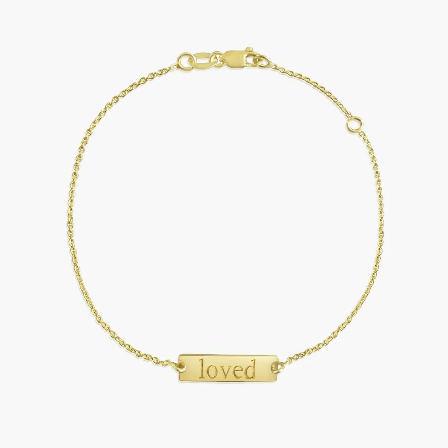 14K gold bracelet with a ‘loved’ inscription on a solid white background.