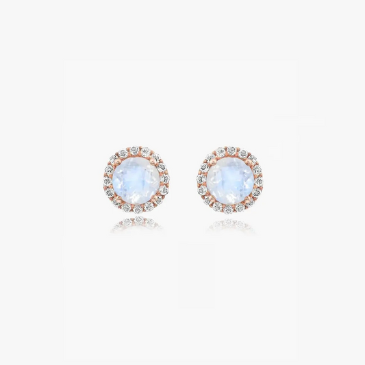 Keira Rose Silver Earrings with moonstone and zirconium in rose gold setting on a white background