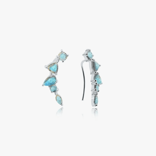 Valery Silver Earrings with labradorite stones displayed against a white background.