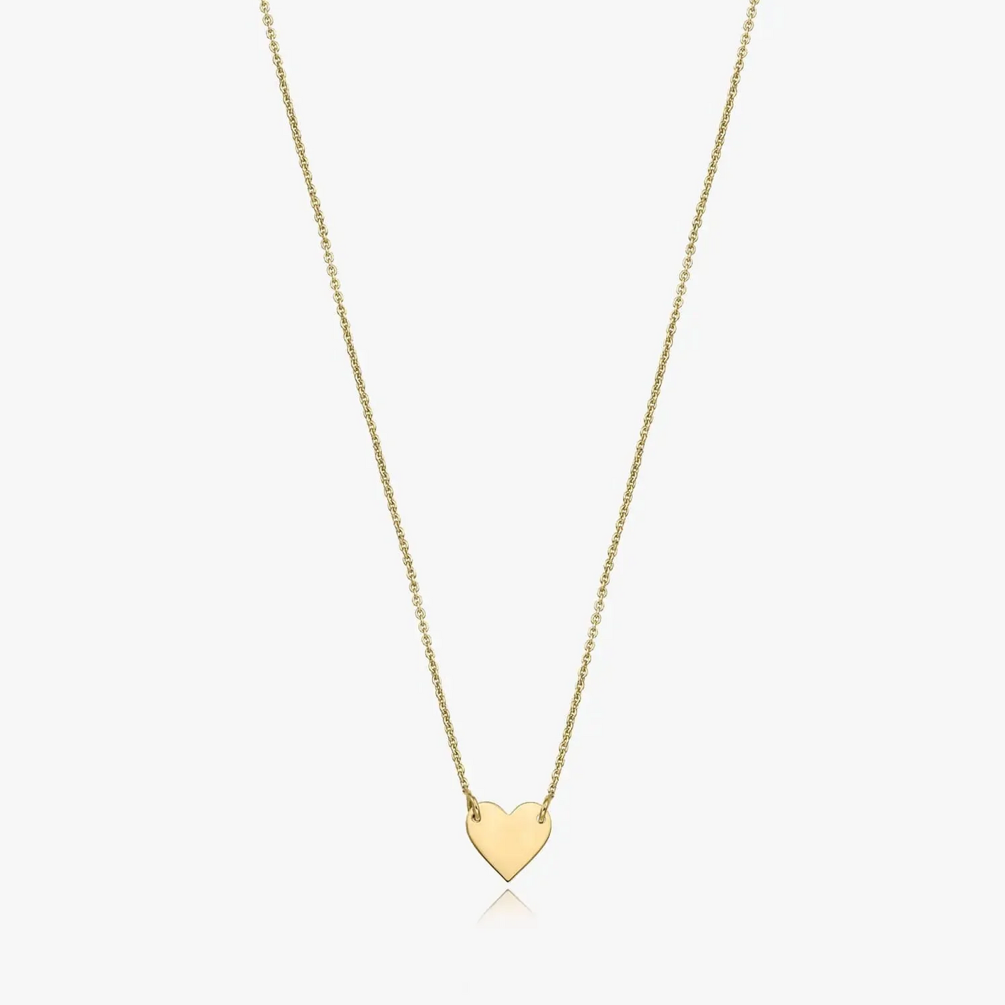 14K gold necklace with a heart-shaped pendant on a white background.
