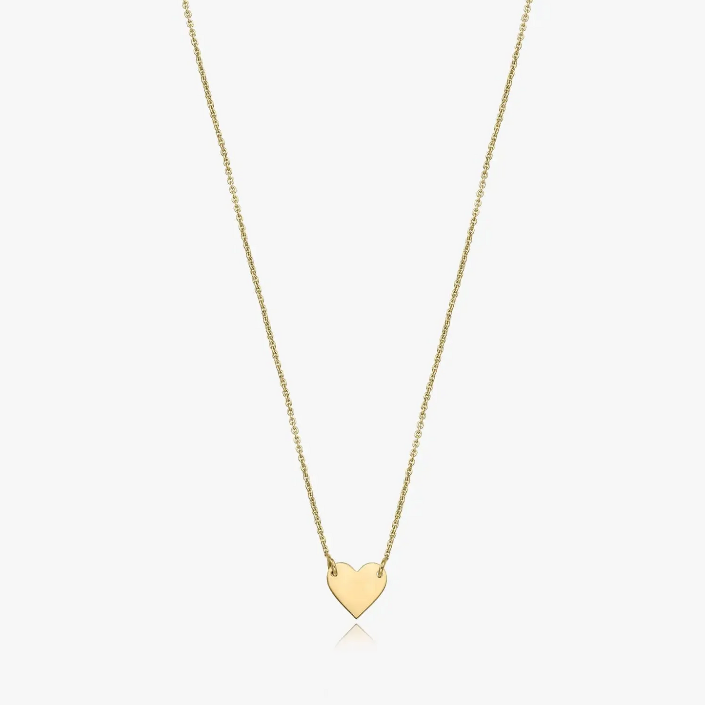 14K gold necklace with a heart-shaped pendant on a white background.