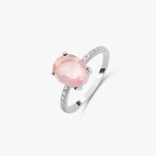 Silver ring with a rose quartz stone and small zirconia stones set on a white background.