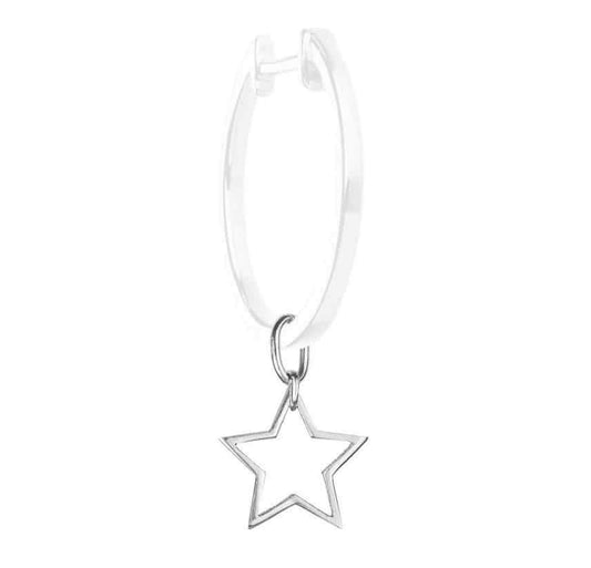A silver hoop earring with a dangling star-shaped pendant.